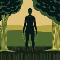 Silhouette, Nature, Field, Trees, Grass, Abstract, Figure, Standing, Person, Green, Landscape vector