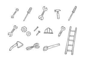 Set doodle hand drawn engineer and builder hardware tools sketch include axe, hammer, screwdriver, wrench, bolt, screw, nail, saw, helmet, ladder, gears, and scissors vector