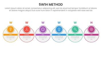 5W1H analysis infographic with outline circle and badge header with 6 step points for slide presentation vector