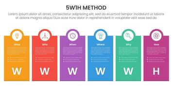 5W1H analysis infographic with big box vertical and circle on top with 6 step points for slide presentation vector