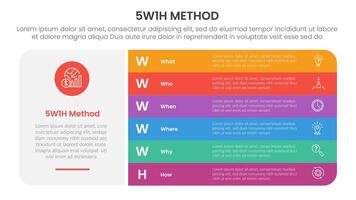5W1H analysis infographic with big block shape and round rectangle stack with 6 step points for slide presentation vector