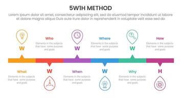 5W1H analysis infographic with rectangle box and pin outline up and down with 6 step points for slide presentation vector