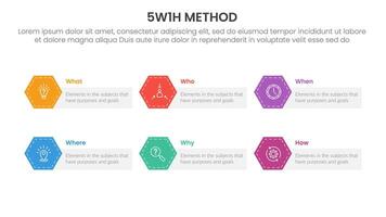 5W1H analysis infographic with rectangle box and hexagon badge with 6 step points for slide presentation vector