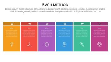 5W1H analysis infographic with big table box unite dark header with 6 step points for slide presentation vector