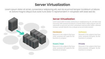 server technology infographic template banner with server virtualization concept with isometric server illustration with 4 point list for slide presentation vector