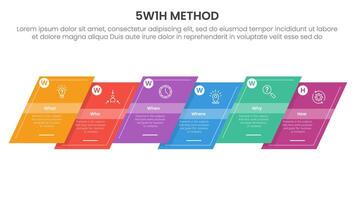 5W1H analysis infographic with skew rectangle shape up and down horizontal line with 6 step points for slide presentation vector