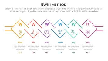 5W1H analysis infographic with creative rotated outline square on horizontal direction with 6 step points for slide presentation vector
