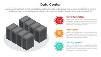 server technology infographic template banner with isometric data center illustration and hexagon point list with 3 point list for slide presentation vector