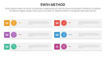 5W1H analysis infographic with long rectangle shape and outline circle with 6 step points for slide presentation vector