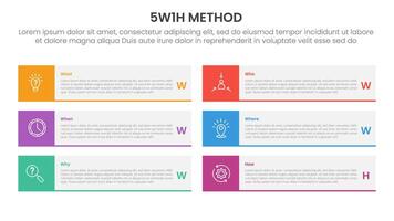 5W1H analysis infographic with big rectangle and square badge with 6 step points for slide presentation vector