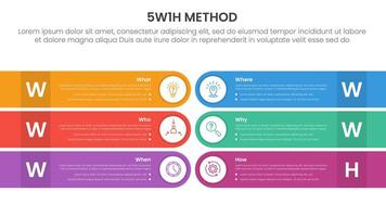 5W1H analysis infographic with round rectangle box opposite direction with 6 step points for slide presentation vector