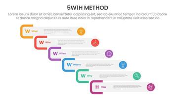 5W1H analysis infographic with round rectangle staircase or waterfall step with 6 step points for slide presentation vector