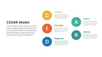 CEDAR feedback model infographic template banner with big circle stack arrow structure with 5 point list information for slide presentation vector