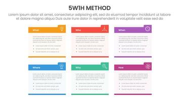 5W1H analysis infographic with small rectangle box table with strong header with 6 step points for slide presentation vector