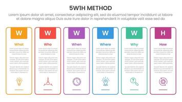 5W1H analysis infographic with outline tall box creative header badge with 6 step points for slide presentation vector