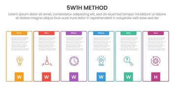 5W1H analysis infographic with creative outline box with square bottom accessories with 6 step points for slide presentation vector