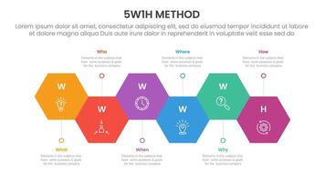 5W1H analysis infographic with hexagon shape horizontal up and down with 6 step points for slide presentation vector