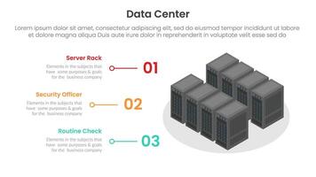 server technology infographic template banner with isometric data center illustration with half circle base information list with 3 point list for slide presentation vector