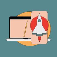 Laptop Mobile Rocket Launch Digital Startup Success vector