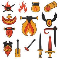 Bold and stylized icons featuring fire and weapon motifs, meticulously crafted with a clean line art style vector