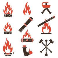 Fire symbols isolated icon flat set on white background silhouette element vector