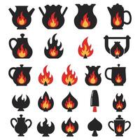 Fire symbols isolated icon flat set on white background Blaze silhouette element vector
