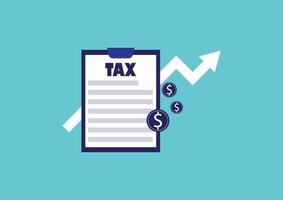 Business and financial concept. Tax form, upper arrow graph, and coin on a blue background. vector