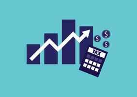 Business and financial concept. Graph, upper arrow, coin, and calculator tax on a blue background. vector