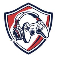 game controller and headphones on a shield vector