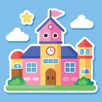 a cartoon house with a clock tower and clouds vector