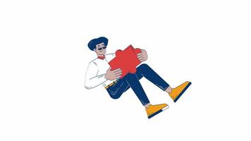 o negócio casual hispânico homem segurando ampla enigma peça 2d personagem rabisco animação. solução desenho animado 4k desenho. problema resolvendo. latino cara reclinável animado pessoa em branco fundo video