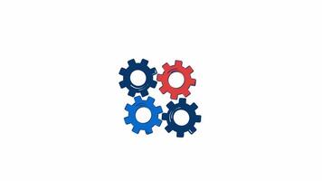 Four interconnected gears rotating 2D object doodle animation. Mechanical parts cartoon 4K drawing. Teamwork, collaboration, mechanics animated flat element isolated on white background video