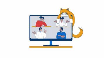 Virtual meeting with playful cat lounging 2D object doodle animation. Online conference diverse employees cartoon 4K drawing. Computer monitor animated flat element isolated on white background video