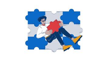 Employee playing individual role in completing puzzle doodle animation. 4K motion graphic. Team member contributes in achieving unified whole animated 2D flat cartoon concept, white background video