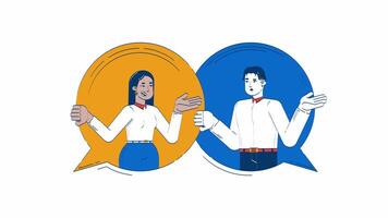 Dialogue between diverse colleagues in speech bubbles doodle animation. Mentoring talk 4K motion graphic. Coworkers engaging conversation animated 2D flat cartoon concept, white background video