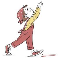 a cartoon boy with a red bandana and red overalls is reaching for something vector