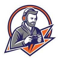 mascot icon retro retro gamer bearded man playing game set inside circle on isolated background done vector