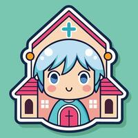 a sticker of a boy in front of a church vector