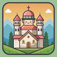 a cartoon church with a mountain in the background vector