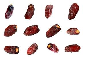 12 different angle Dried date collections are isolated on a white background. Top view. Flat lay. photo