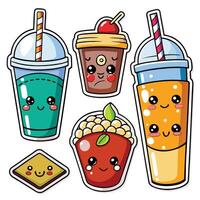 cute drink stickers set with different drinks vector