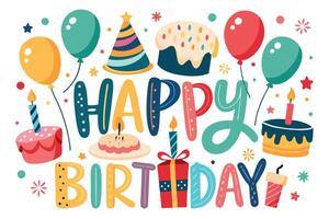 happy birthday card with colorful balloons and cake vector