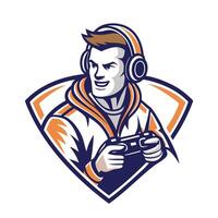 mascot icon game player with controller set inside shield on isolated background done in retro style vector