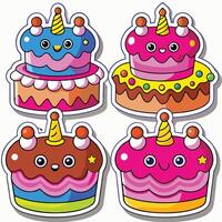 four different cake stickers with faces and eyes vector