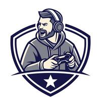 a man with a beard and headphones holding a controller vector