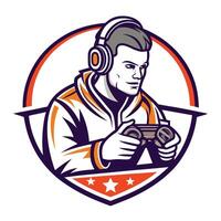 mascot icon game player with headphones holding controller set inside circle on isolated background done in vector