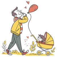 a man is blowing a balloon to a child in a stroller vector