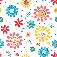 a colorful pattern with smiling flowers and faces vector