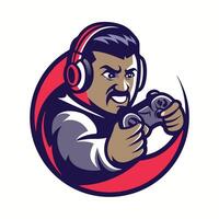 mascot icon retro retro game player with headphones holding controller set inside circle on isolated background vector
