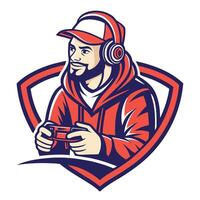 mascot icon illustration of a gamer playing game on a controller set inside shield crest on vector